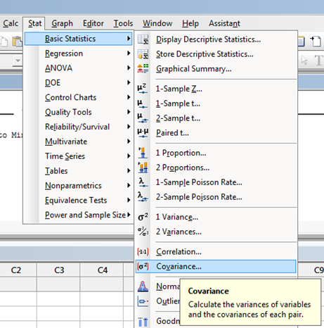 Covariance in Minitab