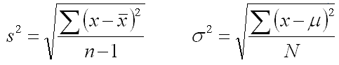 The formula for calculating sample variance and population variance.